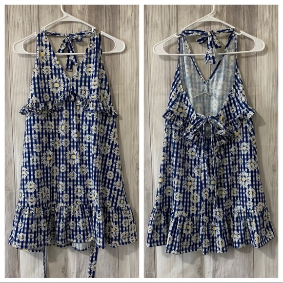 ASOS Floral Daisy Checkered Blue Sundress - Picture 1 of 6